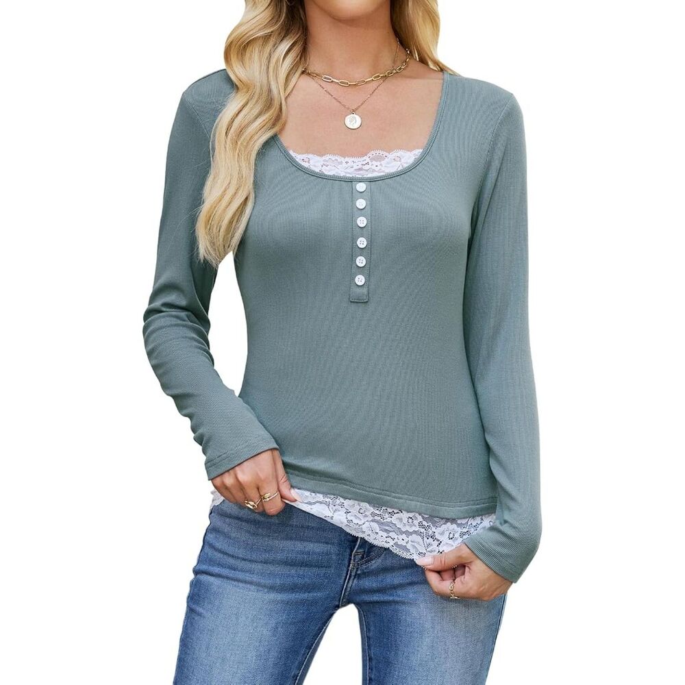 Women's Henley Long Sleeve Button Lace Patchwork Top | XL